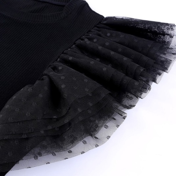 09 Swiss Dot Black Mesh Ruffle Sleeve Fitted Top - Picture 5 of 9
